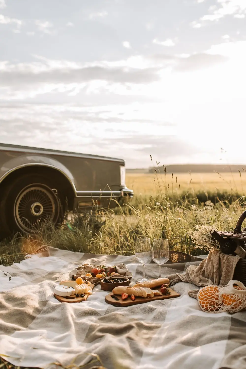 Mantel sobre el pasto con pan, fruta y un auto clásico al fondo